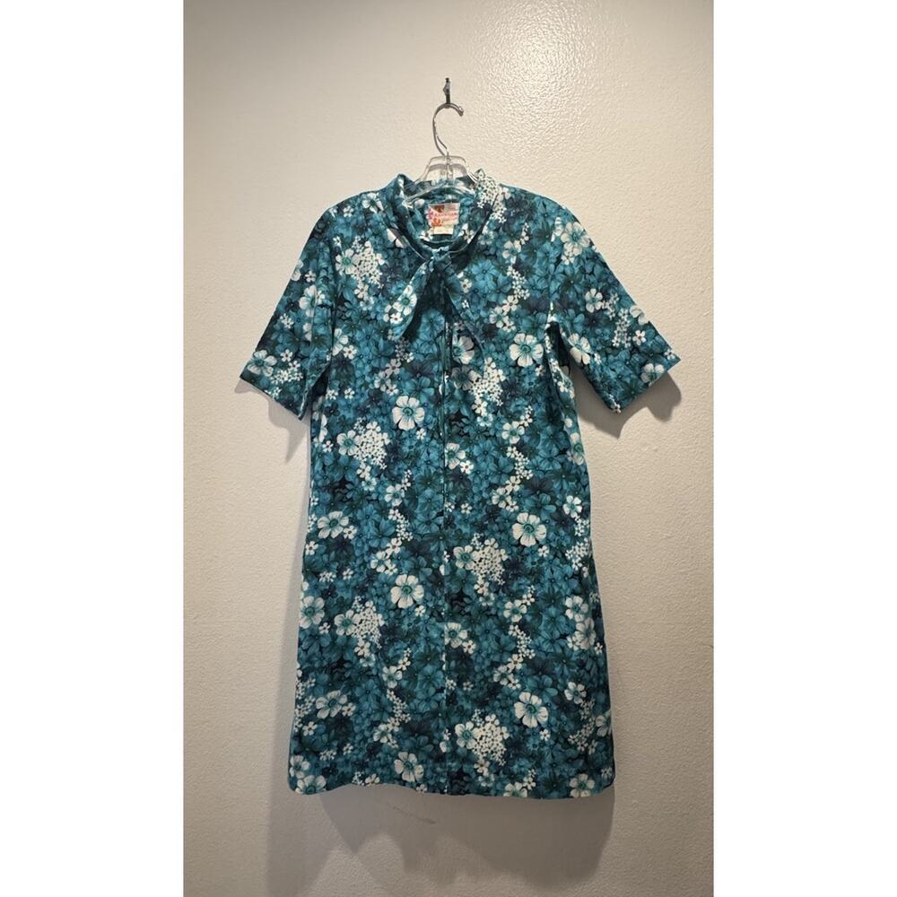 Vintage Sears Hawaiian Fashions Size 12 Blue Floral Print Dress Short Sleeve VTG